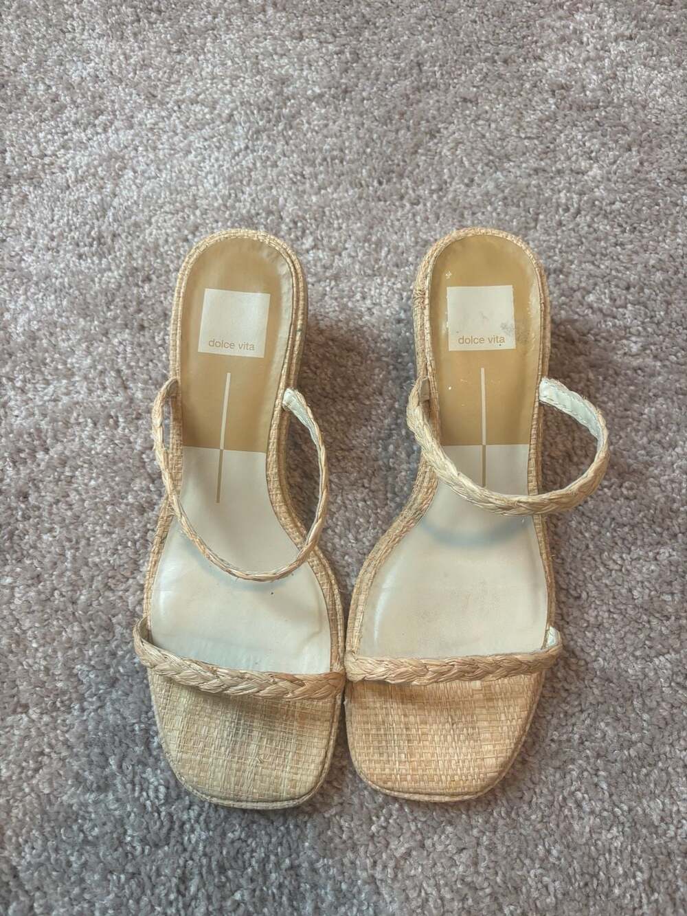 Dolce Vita Riya Natural Raffia Braided Strappy Low Block Heel Sandals